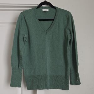 TWEEDS 100% Italian Merino Wool Sage V-neck Knit Pullover Quiet Money Sweater